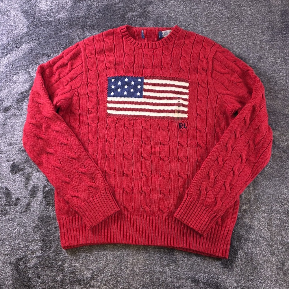 Polo Ralph Lauren Cable Knit Iconic USA Flag Sweater Mens M Red Patriotic